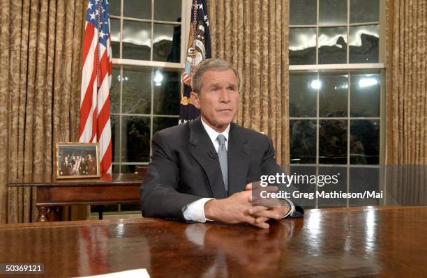 President George W. Bush addresses the nation from the White House following the terrorist attacks on the World Trade Center and the Pentagon.