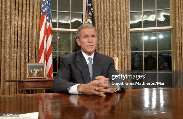 President George W. Bush addresses the nation from the White House following the terrorist attacks on the World Trade Center and the Pentagon.