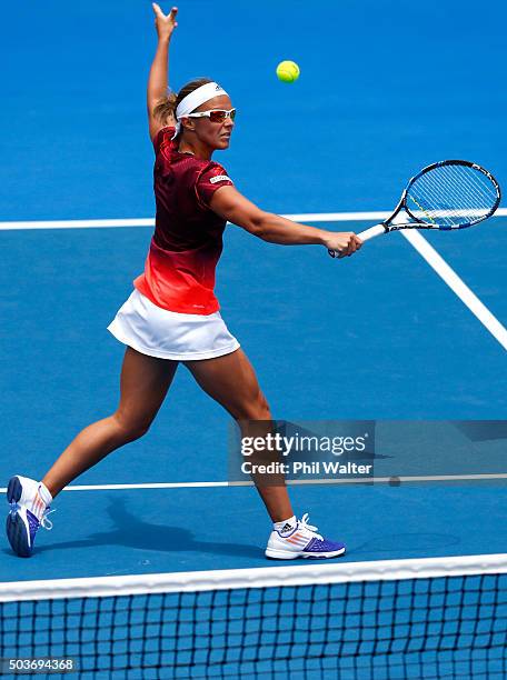 Kirsten Flipkens of Belguim plays a backhand against Tamira Paszek of Austria during day four of the 2016 ASB Classic at ASB Tennis Arena on January...