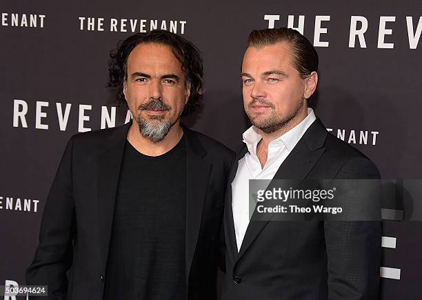 Director Alejandro Gonzalez Inarritu and actor Leonardo DiCaprio attend "The Revenant" New York special screening on January 6, 2016 in New York City.