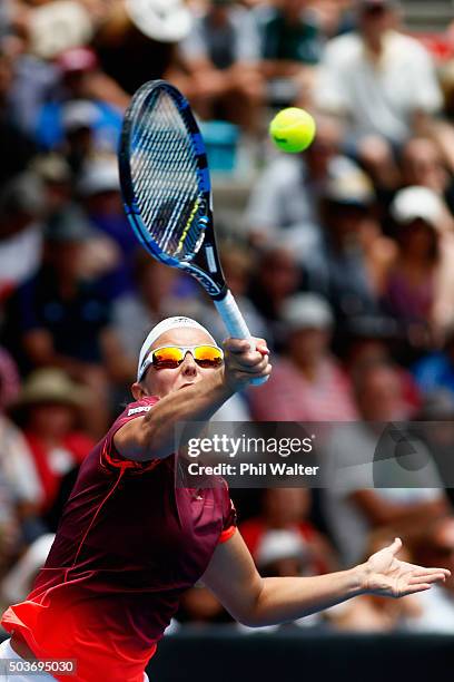 Kirsten Flipkens of Belguim plays a forehand against Tamira Paszek of Austria during day four of the 2016 ASB Classic at ASB Tennis Arena on January...