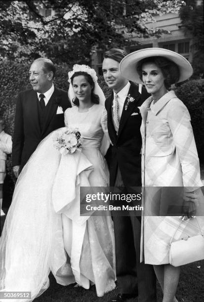 William S. Paley, Amanda Mortimer , Carter Burden, Jr. And Mrs. Barbara Paley at Kiluna Farm, L.I., NY, posing for photographer during wedding...