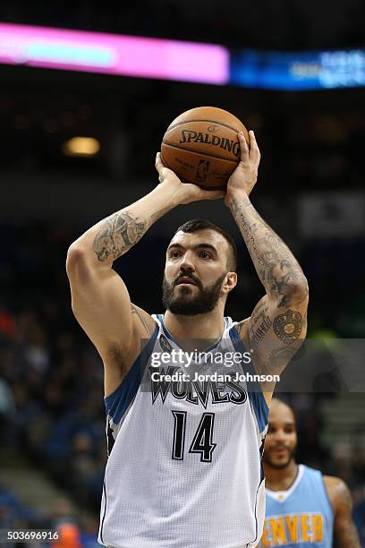 Nikola Pekovic of the Minnesota Timberwolves shoots a free throw against the Denver Nuggets on January 6, 2016 at Target Center in Minneapolis,...