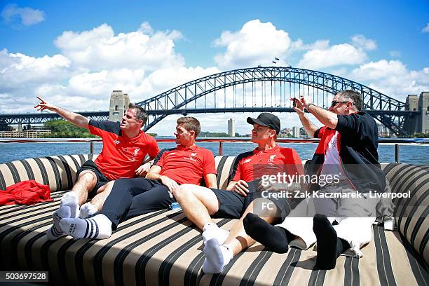 Jamie Carragher, Steven Gerrard, John Arne Riise and John Aldridge see the sights during a cruise through Sydney Harbour on January 7, 2016 in...