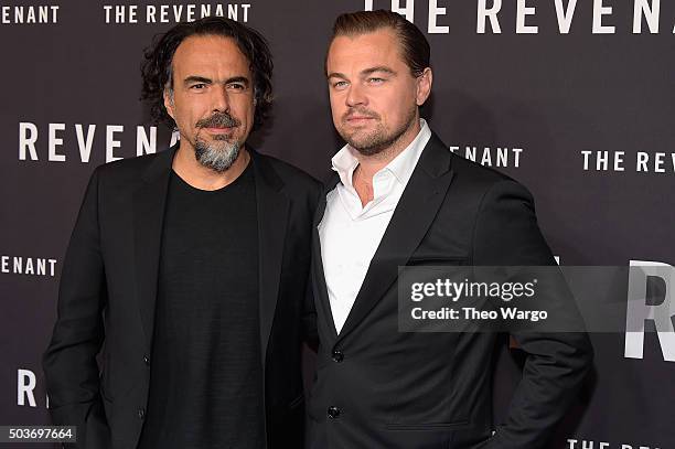 Director Alejandro Gonzalez Inarritu and actor Leonardo DiCaprio attend "The Revenant" New York special screening on January 6, 2016 in New York City.