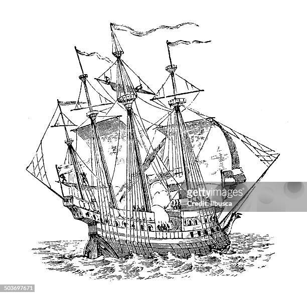 illustrazioni stock, clip art, cartoni animati e icone di tendenza di antica illustrazione di spedizione: grande harry - galeone