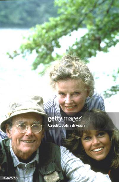 Actors Henry Fonda, Katharine Hepburn and Jane Fonda in scene from movie On Golden Pond.