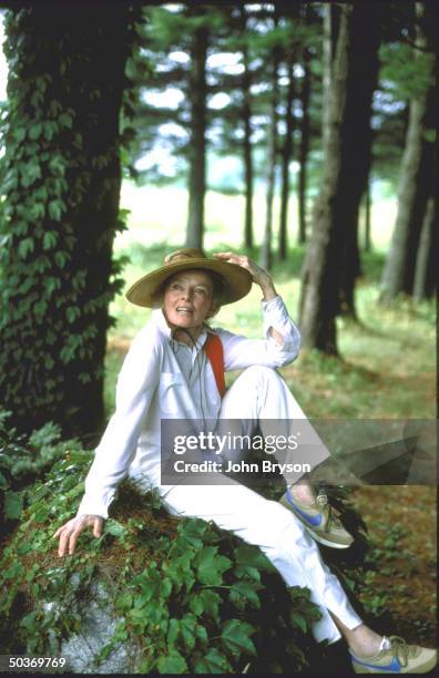 Outdoor portrait of actress Katharine Hepburn.