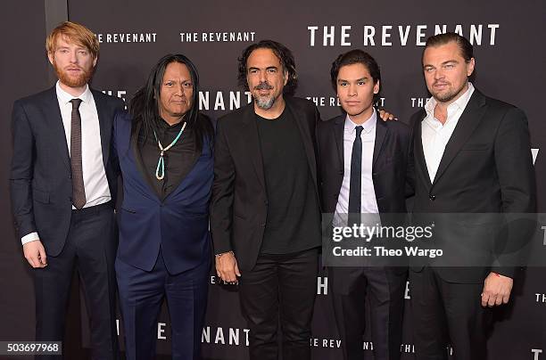 Domhnall Gleeson, Arthur RedCloud, Alejandro Gonzalez Inarritu, Forrest Goodluck and Leonardo DiCaprio attend "The Revenant" New York special...