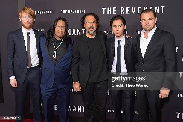 Domhnall Gleeson, Arthur RedCloud, Alejandro Gonzalez Inarritu, Forrest Goodluck and Leonardo DiCaprio attend "The Revenant" New York special...
