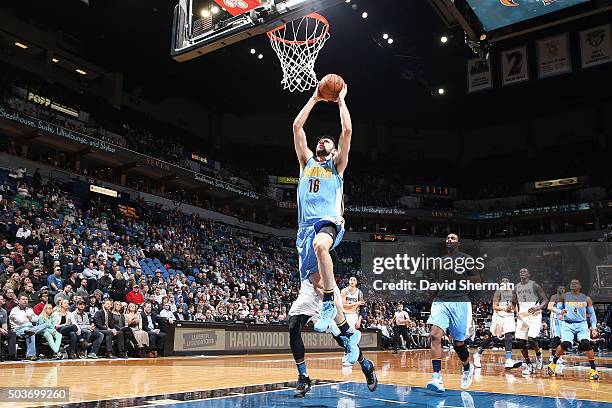 Kostas Papanikolaou of the Denver Nuggets shoots the ball against the Minnesota Timberwolves on January 2, 2016 at Target Center in Minneapolis,...