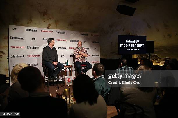 Senior Writer at Entertainment Weekly Dan Snierson and actor David Cross from Todd Margaret speak on stage during an Evening Of Pub Quiz Trivia with...