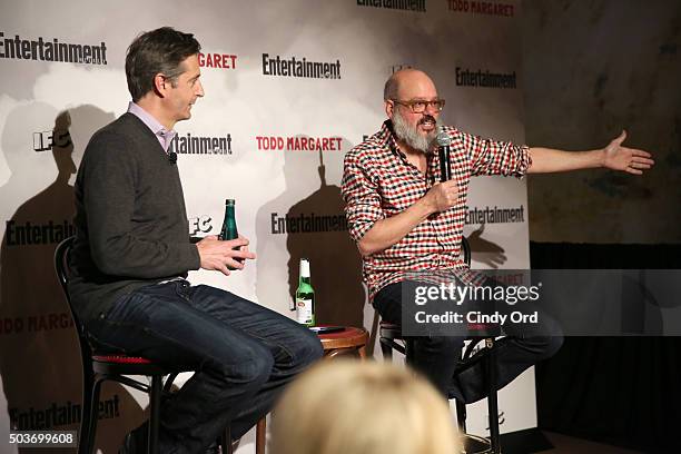 Senior Writer at Entertainment Weekly Dan Snierson and actor David Cross from Todd Margaret speak on stage during an Evening Of Pub Quiz Trivia with...