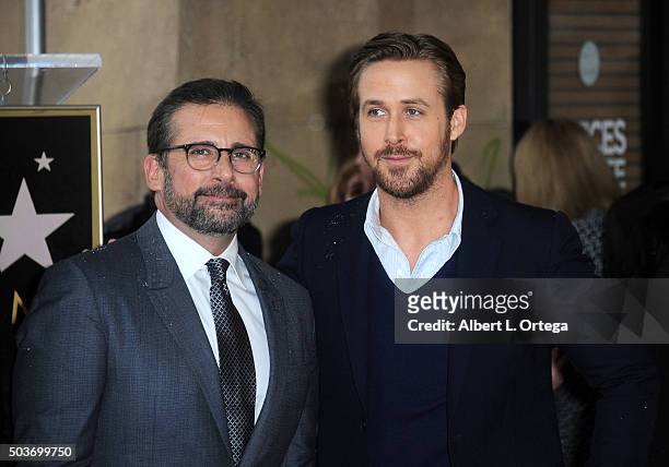 Actors Steve Carell and Ryan Gosling at Steve Carell's Star Ceremony held on the Hollywood Walk of Fame on January 6, 2016 in Hollywood, California.