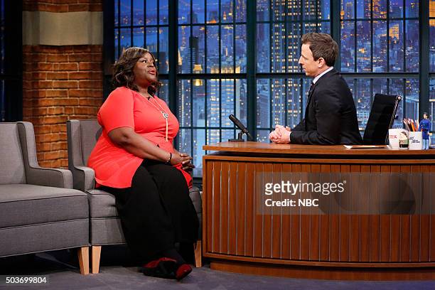 Episode 307 -- Pictured: Actress/comedian, Retta, during an interview with host Seth Meyers on January 6, 2016 --