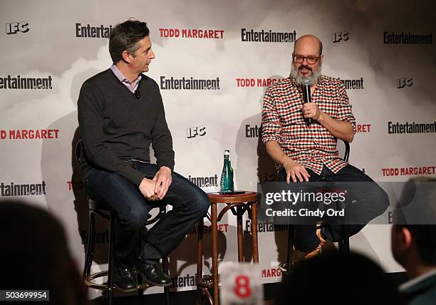 Senior Writer at Entertainment Weekly Dan Snierson and actor David Cross from Todd Margaret speak on stage during an Evening Of Pub Quiz Trivia with...