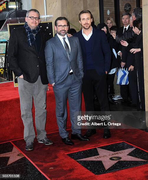 Director Adam McKay, actor Steve Carell and actor Ryan Gosling at Steve Carell's Star Ceremony held on the Hollywood Walk of Fame on January 6, 2016...
