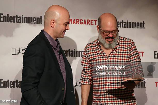 Live Show Quiz Host/Writer for TriviaNYC/DSO Media Tony Hightower and actor David Cross from Todd Margaret speak on stage during an Evening Of Pub...