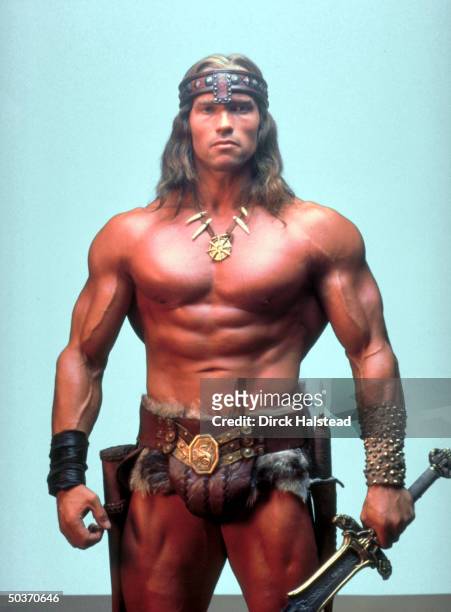 Portrait of Actor & Bodybuilder Arnold Schwarzenegger in costume as Conan The Barbarian.