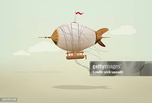 steampunk blimp airship - airship stock illustrations