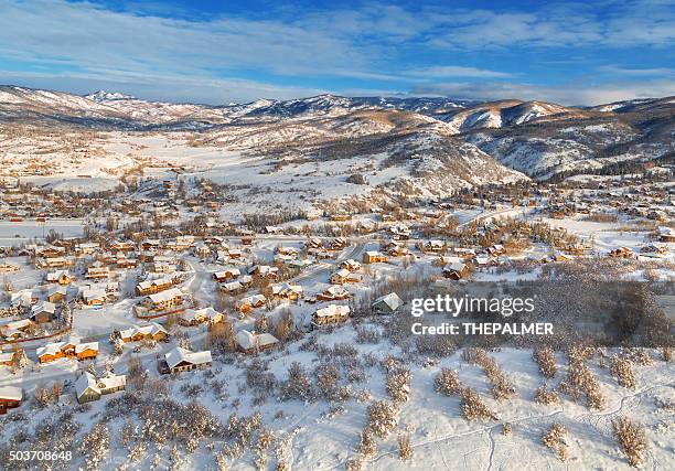 winter village from midair - steamboat springs colorado stockfoto's en -beelden