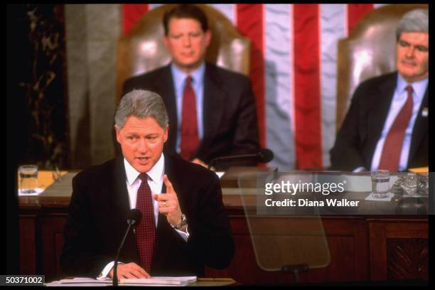 Pres. Bill Clinton delivering his State of Union address, framed by VP Al Gore & House Speaker Newt Gingrich, on Capitol Hill.