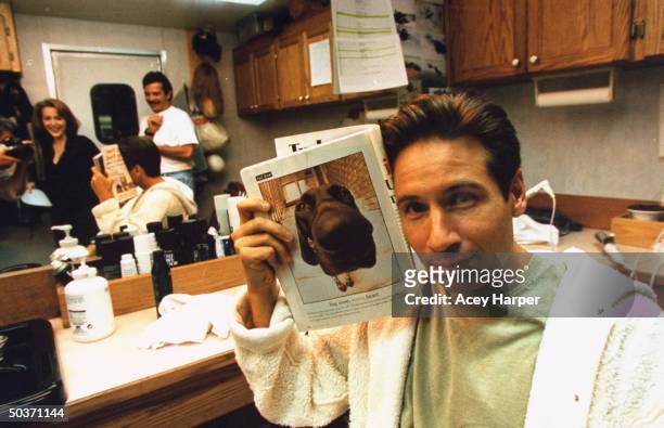 David Duchovny, co-star of cult TV series The X-Files, posing in dressing room on the set of the show.
