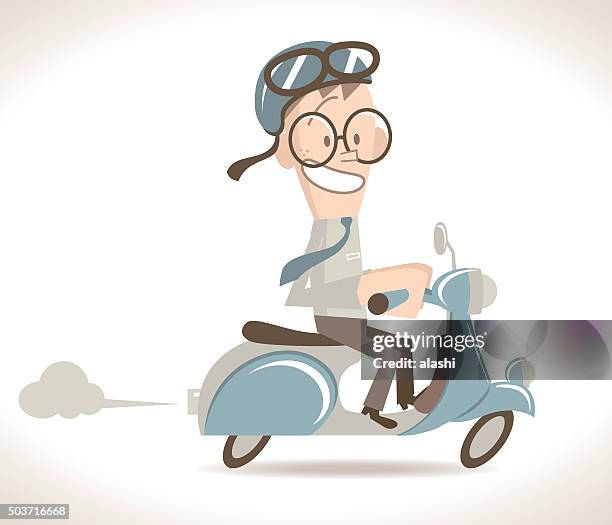 happy businessman riding a motorcycle (motor scooter) with half helmet - motorcycle helmet stock illustrations