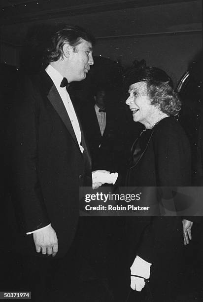 Real estate tycoon Donald Trump chatting w. Socialite Brooke Astor at NEW YORK magazine's 20th anniversary party, NYC.