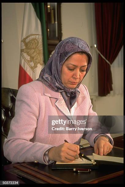 Iranian resistance leader Maryam Rajavi, pres-elect of Natl. Council of Resistance, civilian arm of Natl. Liberation Army of Iran, at NLA base.