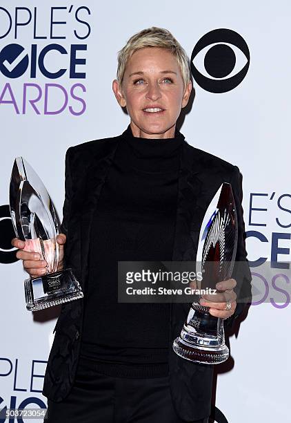 Honoree Ellen DeGeneres poses with awards in the press room during the People's Choice Awards 2016 at Microsoft Theater on January 6, 2016 in Los...