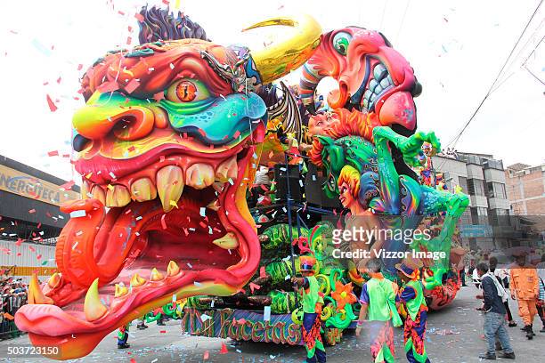 Desfile Magno cart travels past crowds as part of the Blacks and Whites Carnival on January 06, 2016 in Pasto, Colombia. On September 30, 2009 UNESCO...