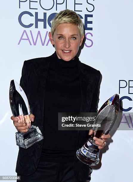 Honoree Ellen DeGeneres poses with awards in the press room during the People's Choice Awards 2016 at Microsoft Theater on January 6, 2016 in Los...