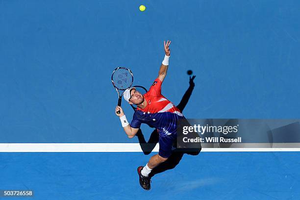 Lleyton Hewitt of Australia Gold serves in the men's single match against Alexandr Dolgopolov of the Ukraine during day five of the 2016 Hopman Cup...