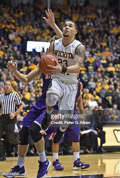 Guard Fred VanVleet of the Wichita State Shockers drives to the basket against the Evansville Aces during the first half on January 6, 2016 at...