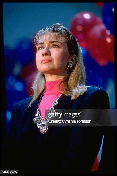 Hillary Rodham Clinton at primary campaign rally for her husband, Democratic presidential hopeful AR Gov. Bill Clinton.