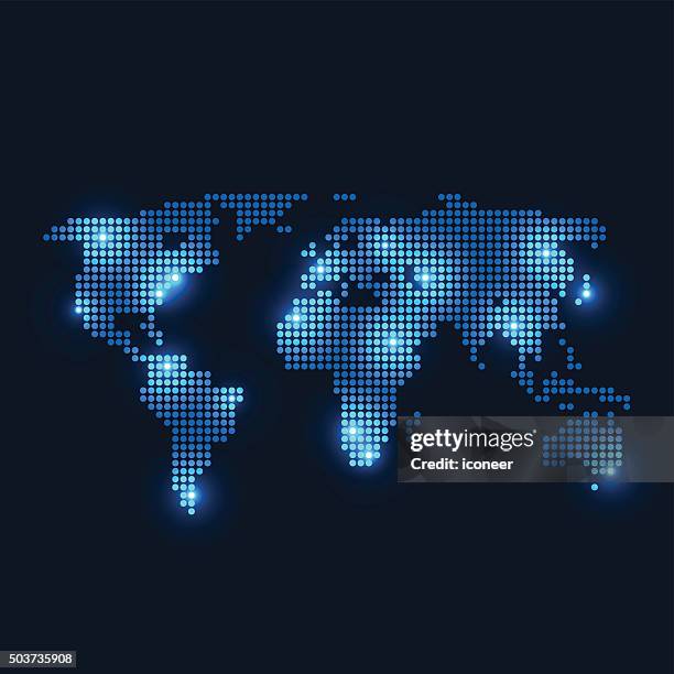 dotted world map with lights on dark background - photopollution stock illustrations