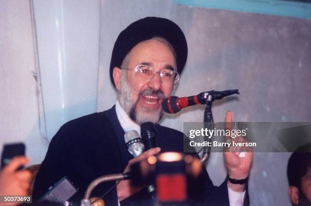 Moderate cleric presidential candidate Mohammed Khatami, surprise front-runner, speaking on election day.