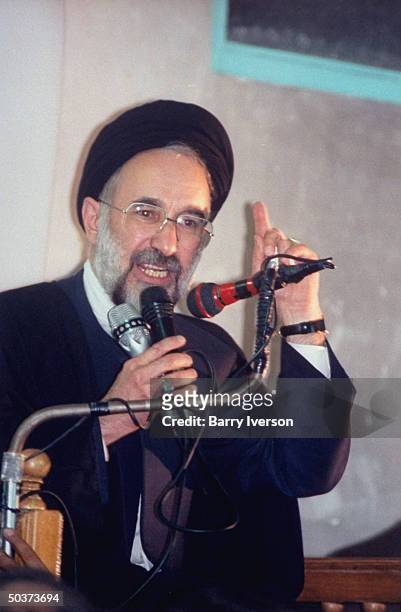 Moderate cleric presidential candidate Mohammed Khatami, surprise front-runner, speaking on election day.