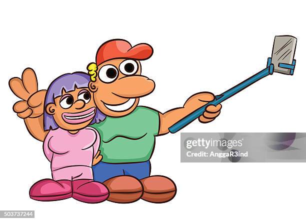 selfie couple - different hobbies stock illustrations