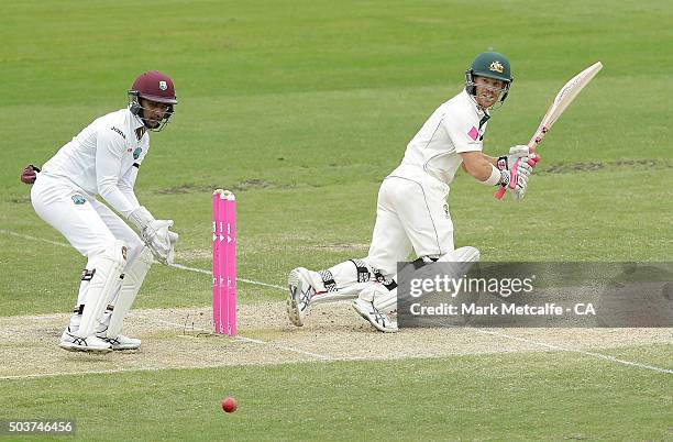 David Warner of Australia bats during day five of the third Test match between Australia and the West Indies at Sydney Cricket Ground on January 7,...