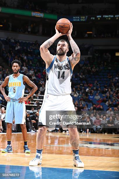 Nikola Pekovic of the Minnesota Timberwolves shoots a free throw against the Denver Nuggets on January 2, 2016 at Target Center in Minneapolis,...