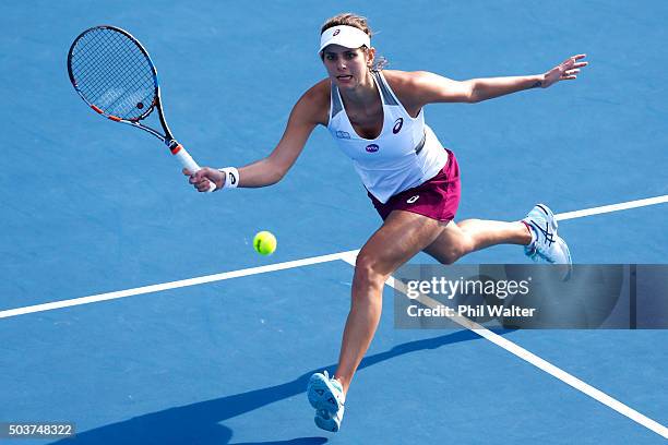 Julia Goerges of Germany plays a forehand in her singles match against Nao Hibino of Japan during day four of the 2016 ASB Classic at ASB Tennis...