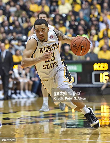 Guard Fred VanVleet of the Wichita State Shockers dribbles the ball up court against the Evansville Aces during the first half on January 6, 2016 at...
