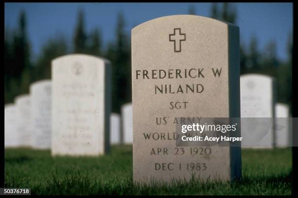 Gravestone of Frederick Fritz Niland who was sent home from WWII after 3 of his brothers were killed in battle, in keeping with an edict by FDR that...