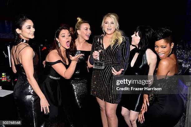 Actors Vanessa Hudgens, Kether Donohue, Julianne Hough, Meghan Trainor, Carly Rae Jepsen and Keke Palmer attend the People's Choice Awards 2016 at...