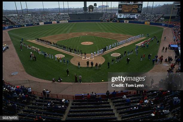 Aerial view of County Stadium from behind homeplate during introductions before game of Chicago White Sox vs Milwaukee Brewers.