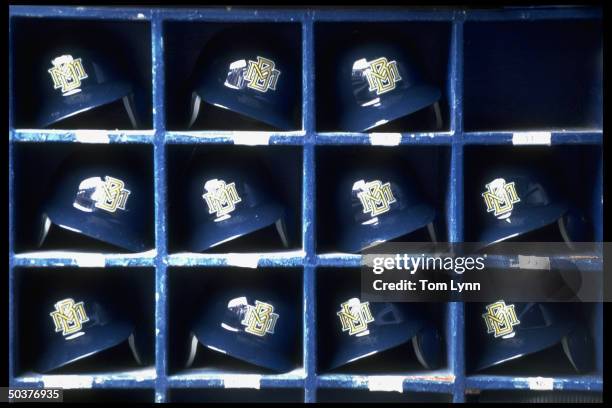 Closeup view of Milwaukee Brewers helmet rack during game vs Chicago White Sox.