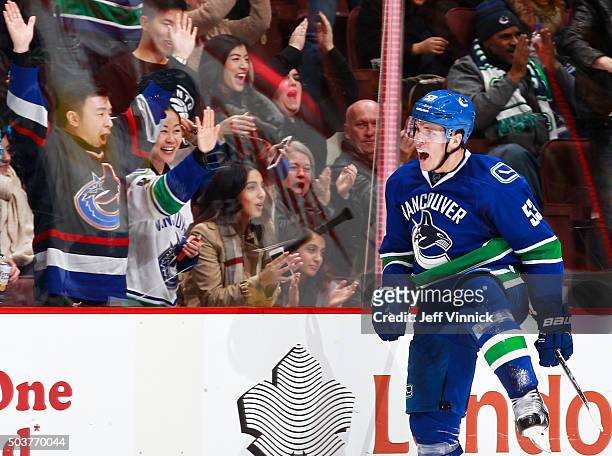 Bo Horvat of the Vancouver Canucks celebrates after scoring against the Carolina Hurricanes during their NHL game at Rogers Arena January 6, 2016 in...