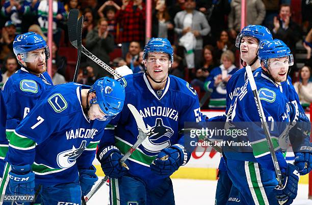 Bo Horvat of the Vancouver Canucks is congratulated after scoring against the Carolina Hurricanes during their NHL game at Rogers Arena January 6,...